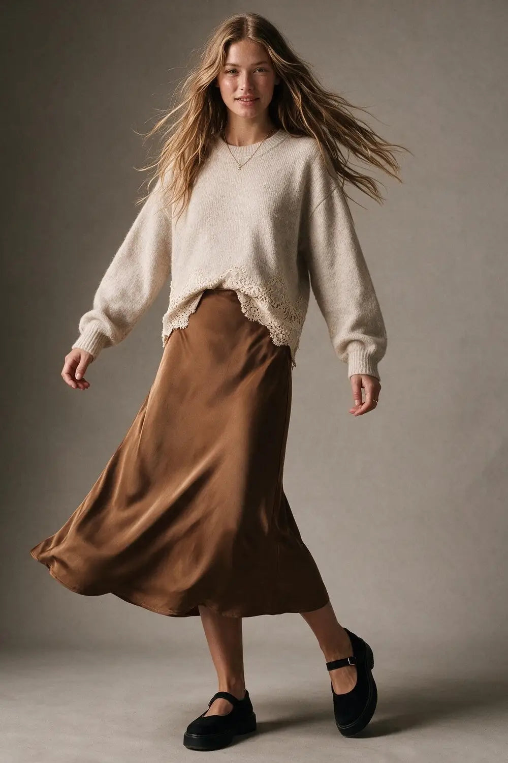 Camel Satin Bias Cut Midi Length Skirt no waistband