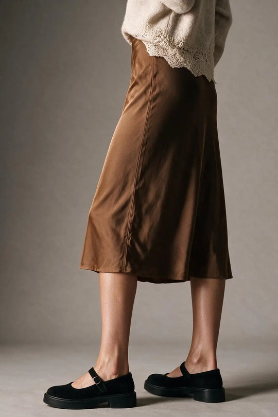 Camel Satin Bias Cut Midi Length Skirt no waistband