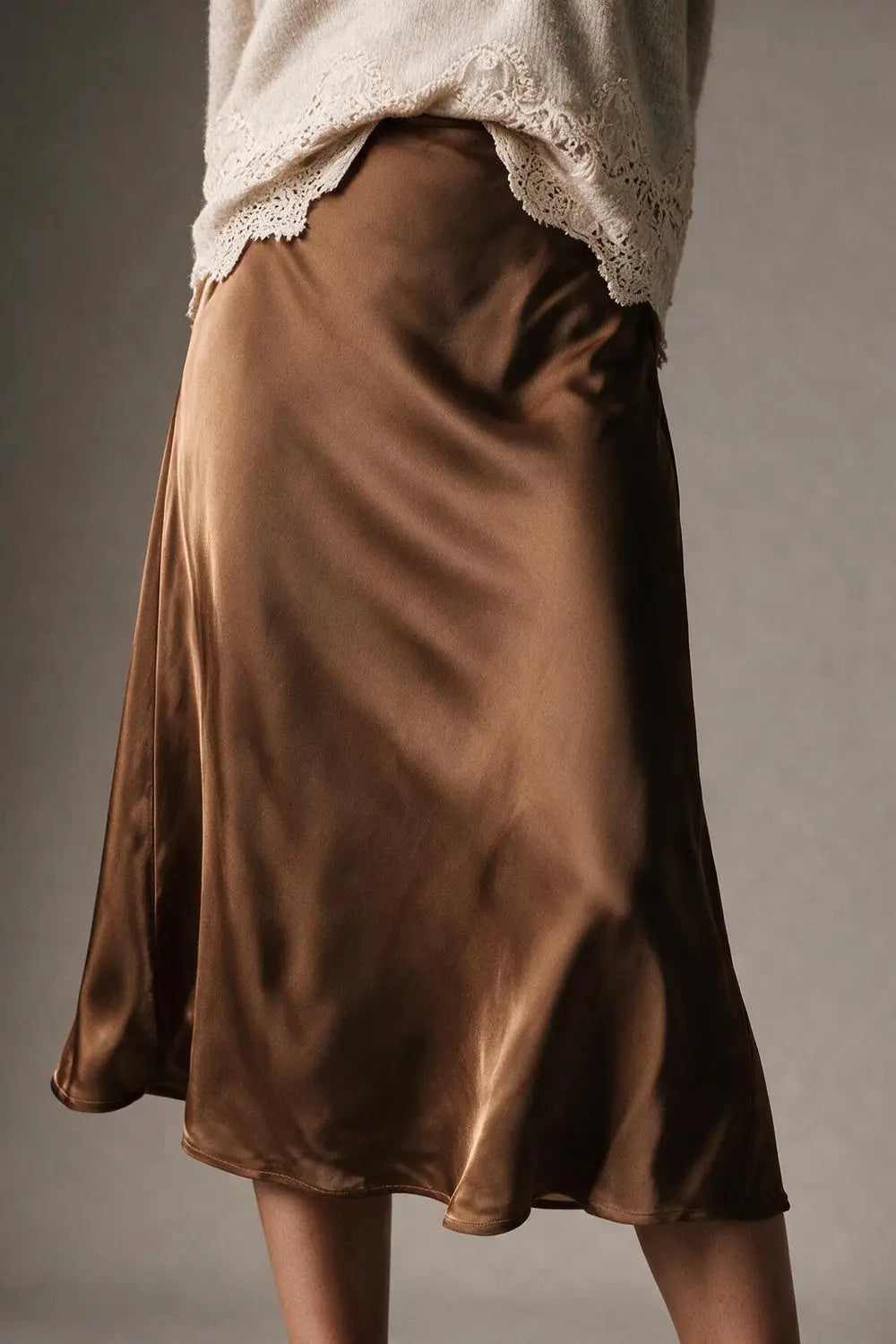Camel Satin Bias Cut Midi Length Skirt no waistband