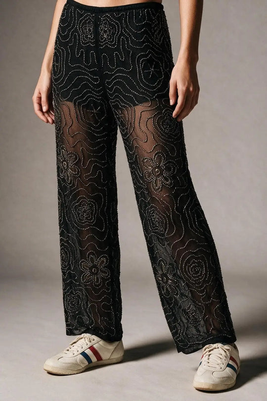 Black Floral Beaded Sheer Mesh Wide Leg Pants and sequins