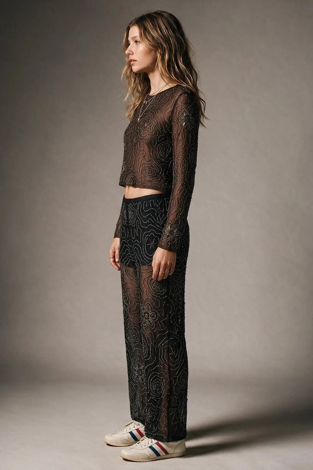 Black Floral Beaded Sheer Mesh Wide Leg Pants and sequins