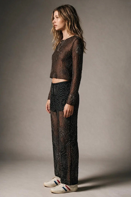 Black Floral Beaded Sheer Mesh Wide Leg Pants and sequins