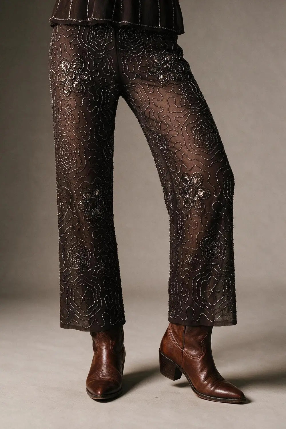 Brown Sequined Beaded Floral Woven Wide Leg Pants