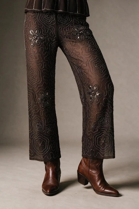 Brown Sequined Beaded Floral Woven Wide Leg Pants