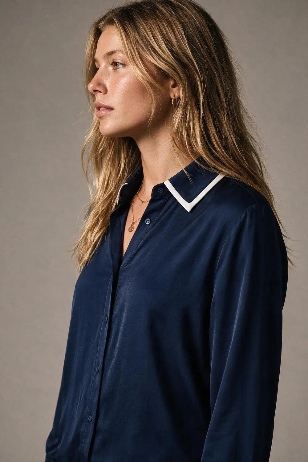 Navy Lightweight satin Contrast Collar Button Front Shirt