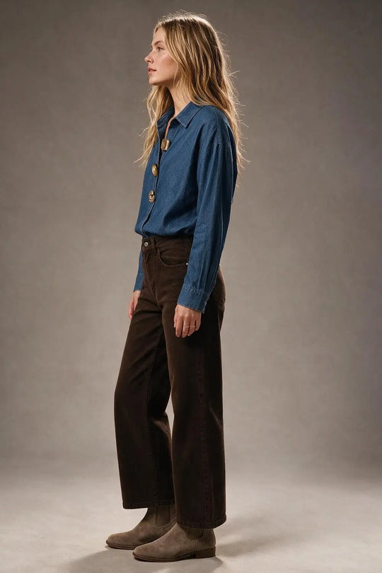 Denim Blue dark Wash Chambray Gold Button Shirt