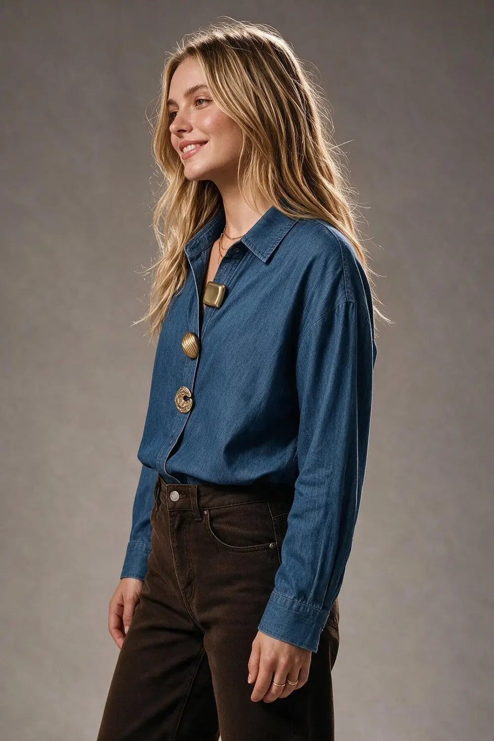 Denim Blue dark Wash Chambray Gold Button Shirt