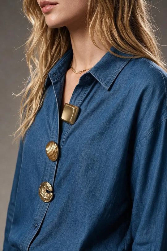 Denim Blue dark Wash Chambray Gold Button Shirt