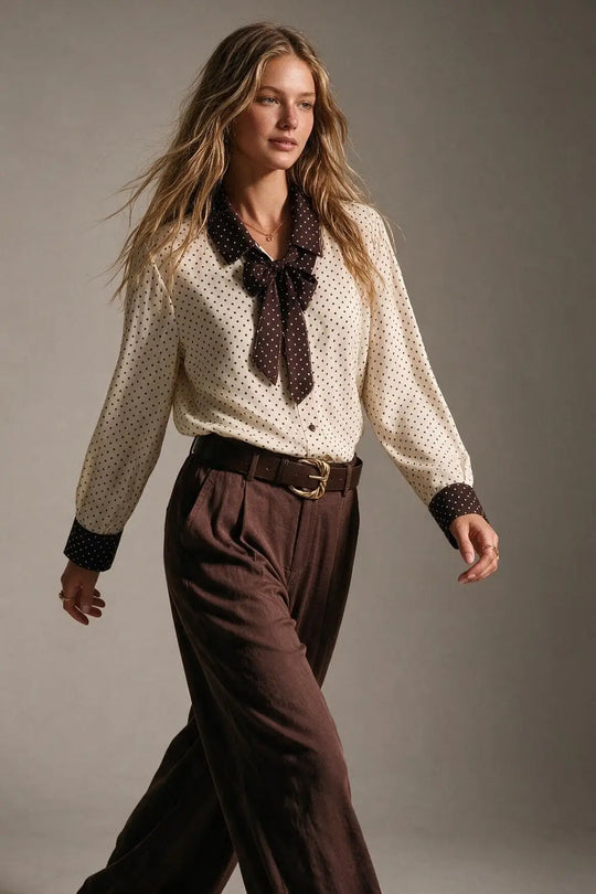 Cream Polka-Dot Print Long Sleeve Blouse with burgundy Contrast Bow Tie