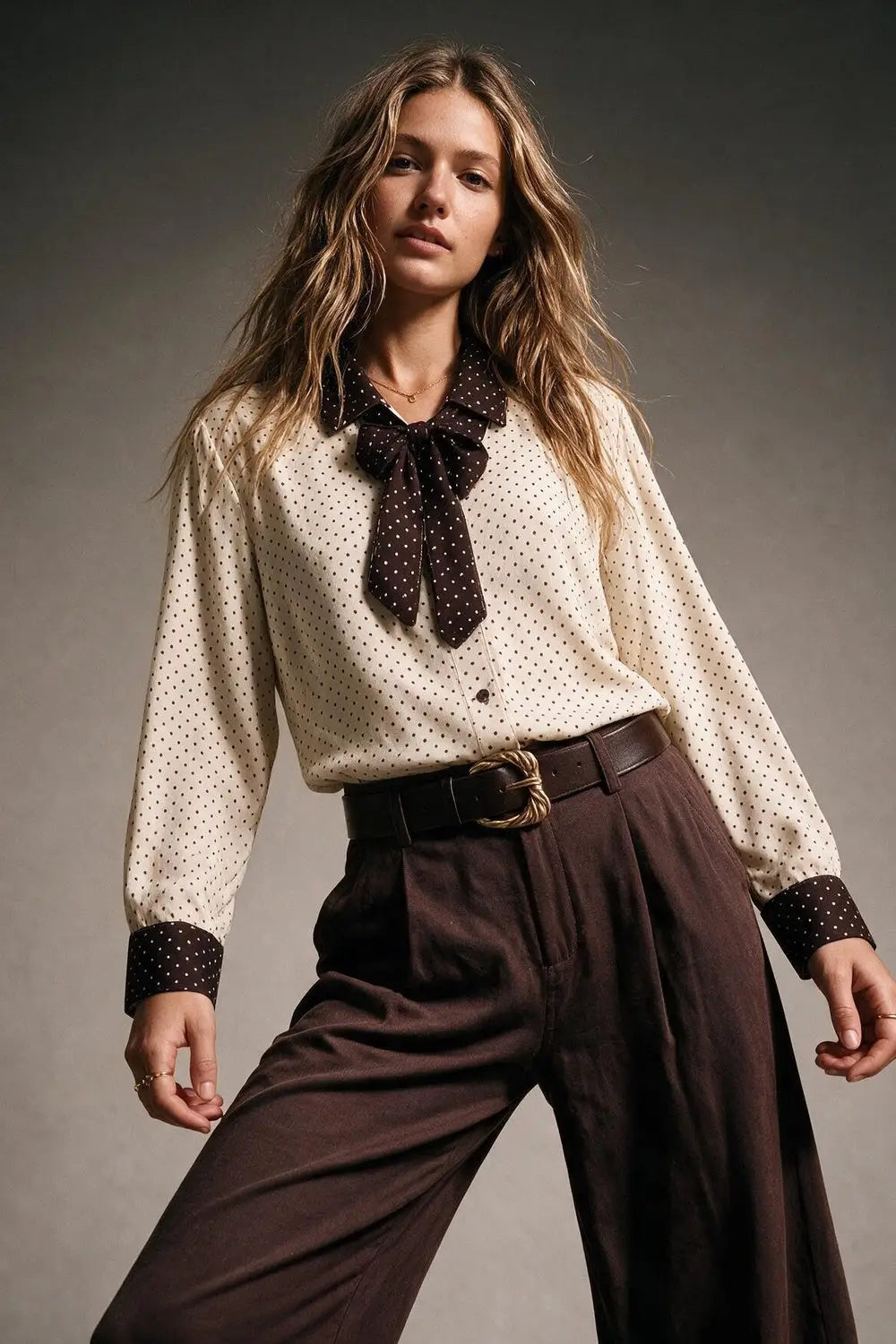 Cream Polka-Dot Print Long Sleeve Blouse with burgundy Contrast Bow Tie