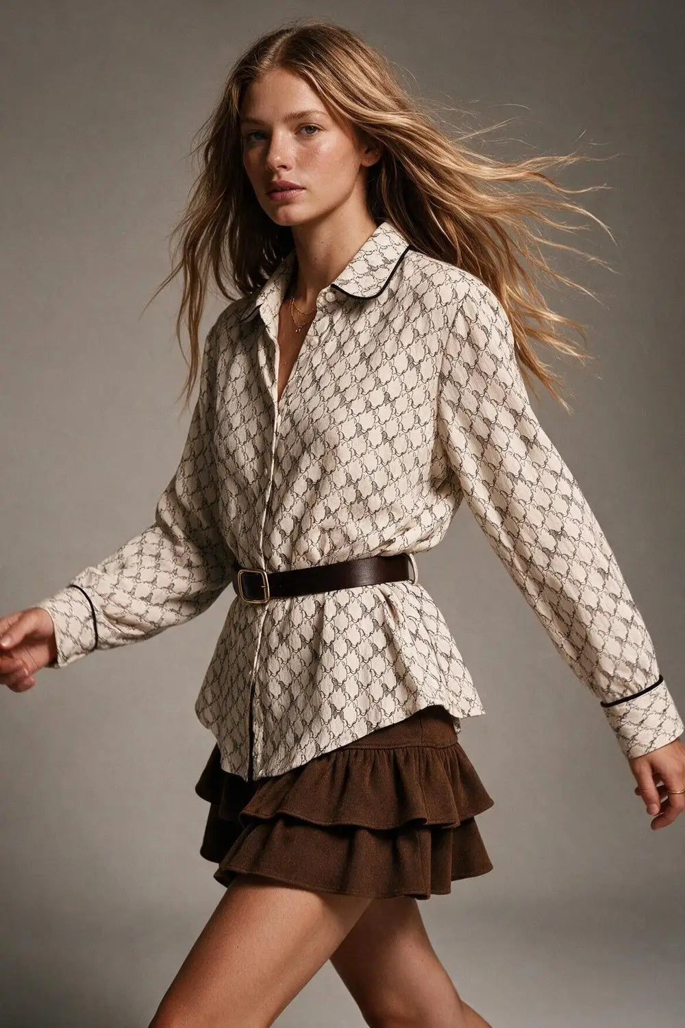 Cream Horse Print Lightweight Woven Piped Belted Shirt
