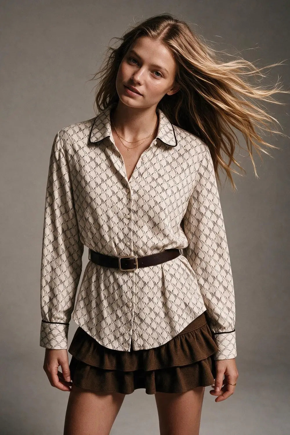 Cream Horse Print Lightweight Woven Piped Belted Shirt
