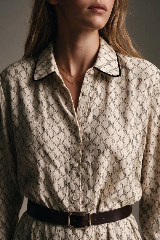 Cream Horse Print Lightweight Woven Piped Belted Shirt