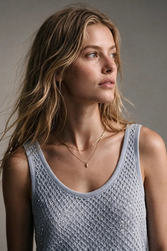 Light Blue Sequined knitted Crochet V Neck Cropped Tank Top