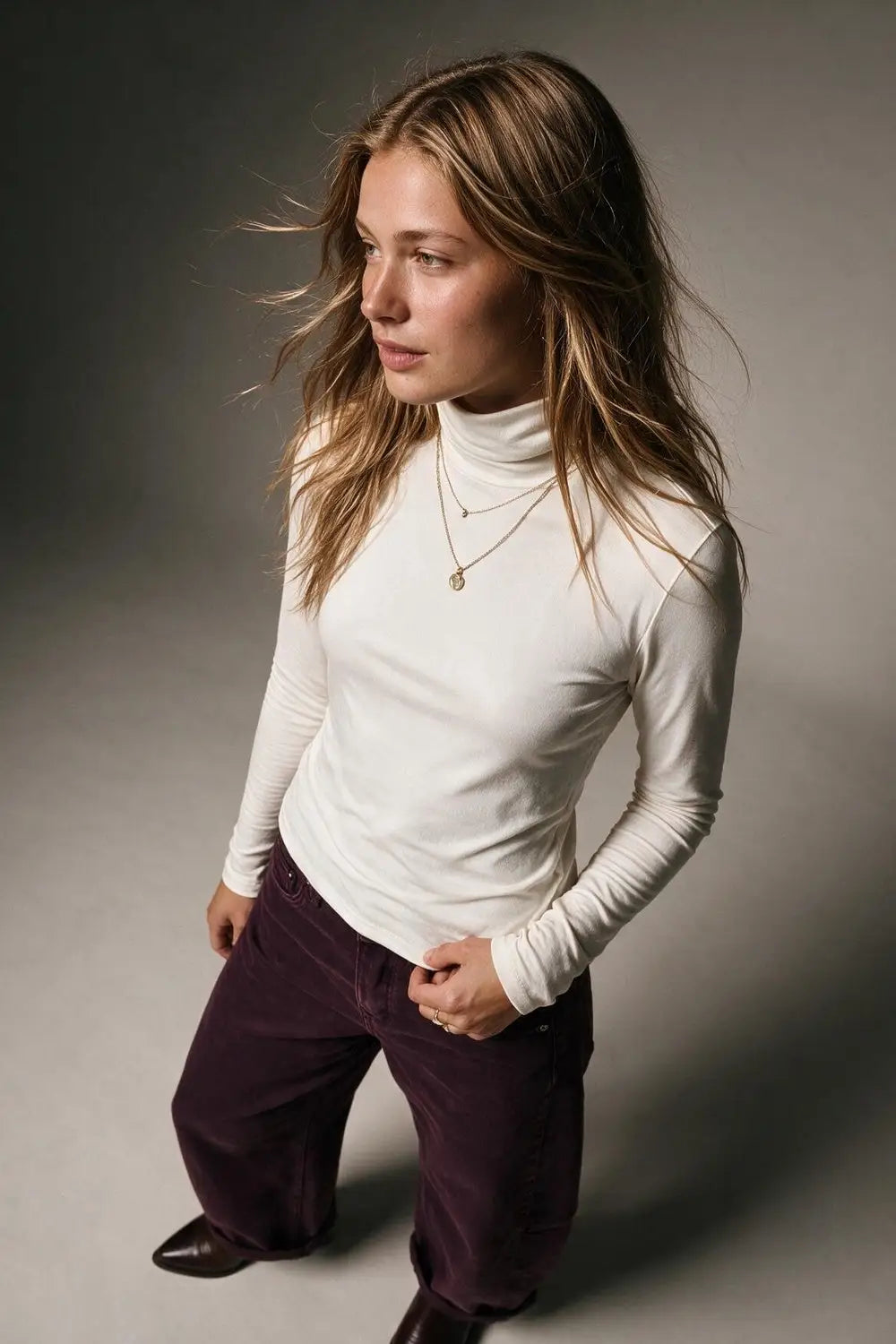 White Long Sleeve Slim Fit Turtleneck t-shirt in fabric viscose