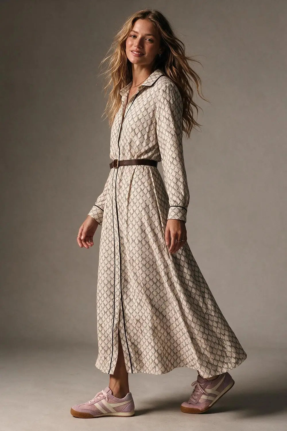 Cream Horses Printed Woven Piped Belted Maxi Shirt Dress