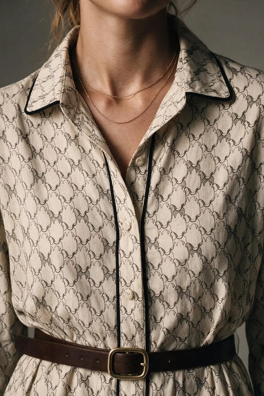 Cream Horses Printed Woven Piped Belted Maxi Shirt Dress