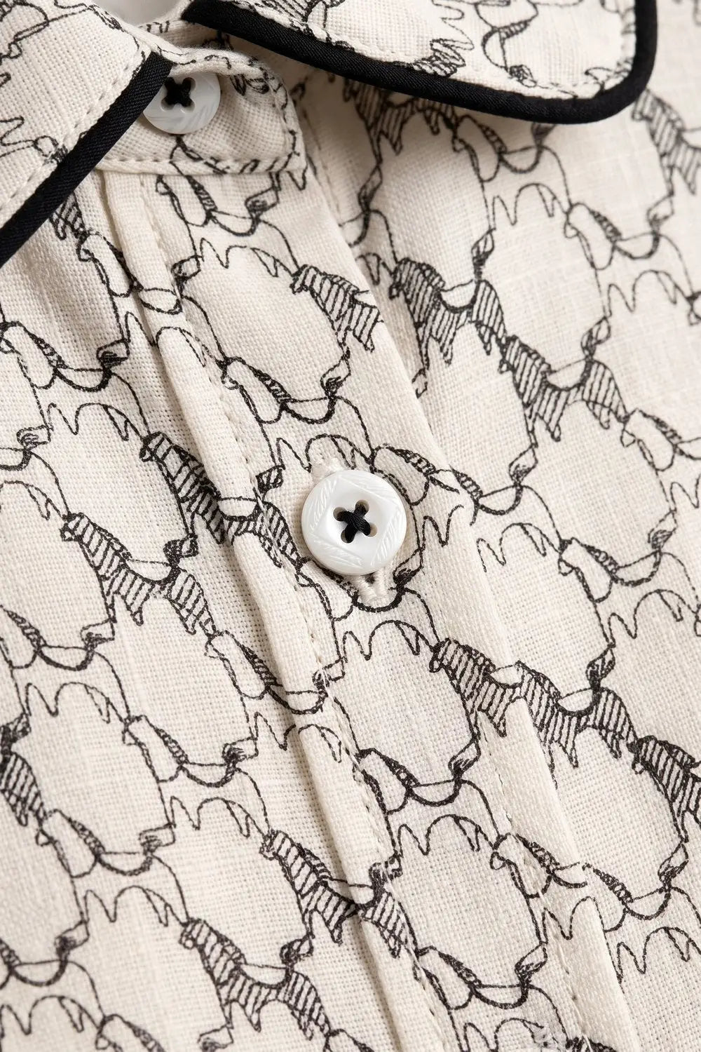 Cream Horse Print Lightweight Woven Piped Belted Shirt