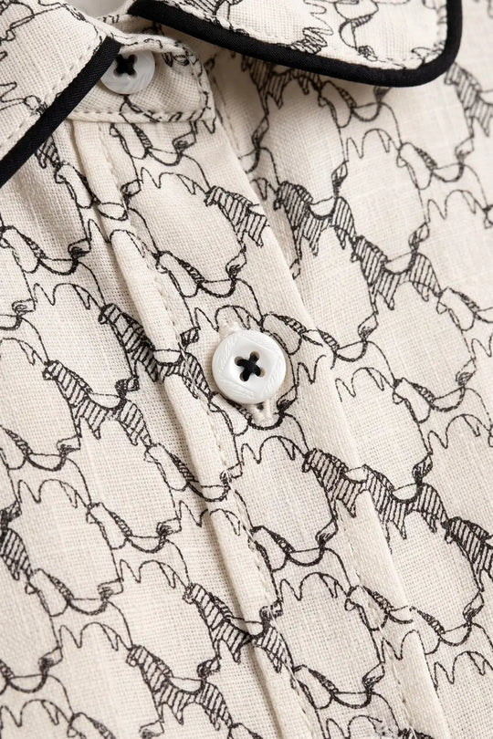 Cream Horse Print Lightweight Woven Piped Belted Shirt