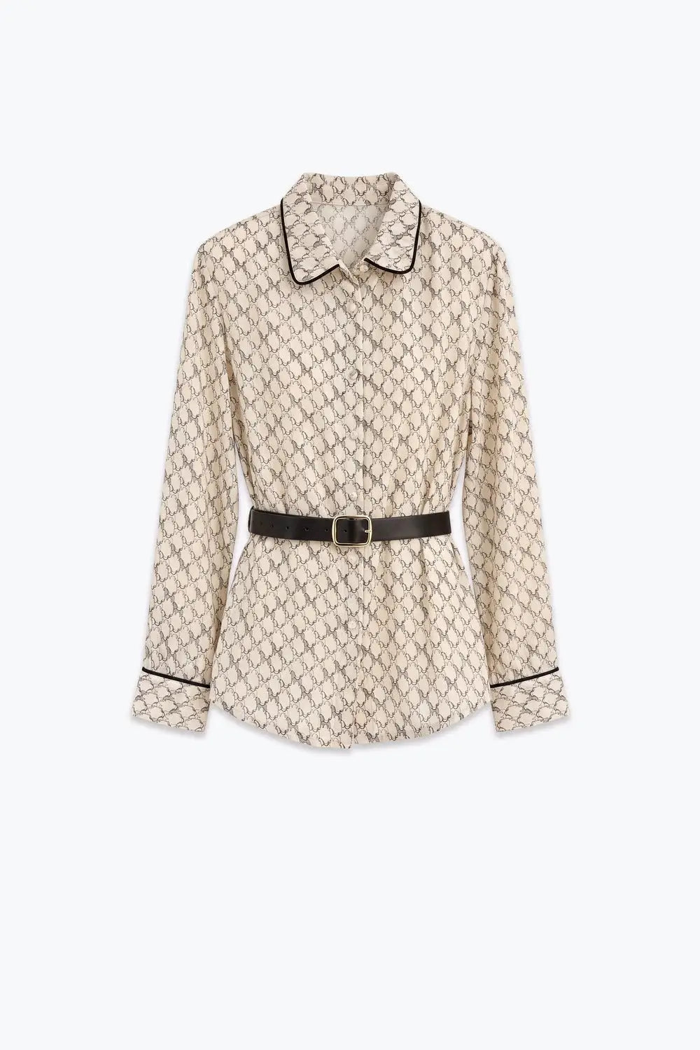 Cream Horse Print Lightweight Woven Piped Belted Shirt