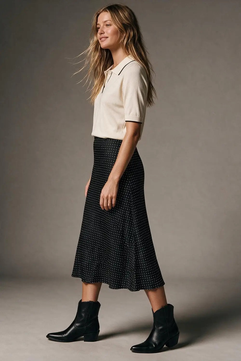 Black Polka-Dot Print Lightweight Woven A-Line Midi Skirt no waistband