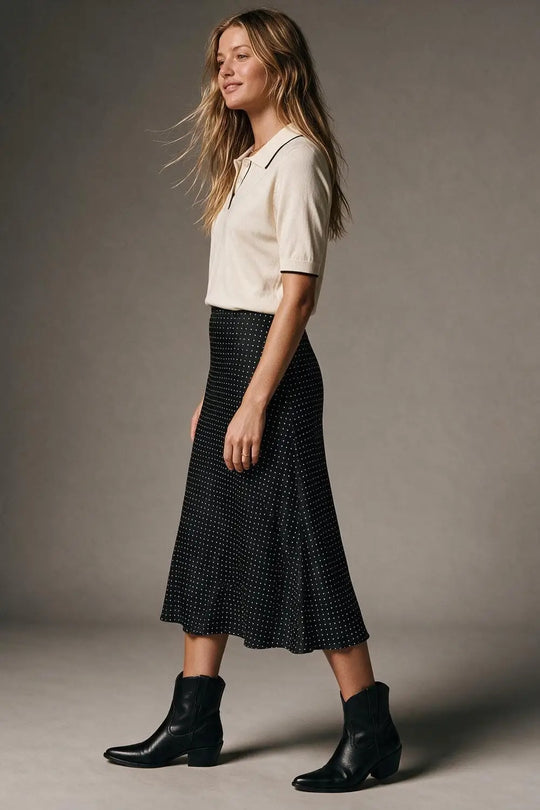 Black Polka-Dot Print Lightweight Woven A-Line Midi Skirt no waistband
