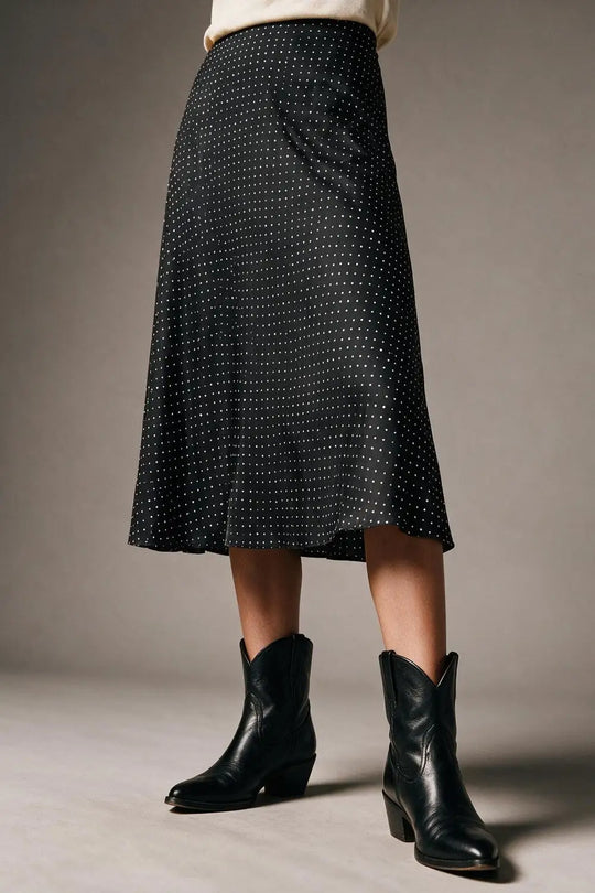 Black Polka-Dot Print Lightweight Woven A-Line Midi Skirt no waistband