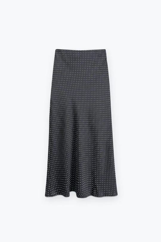 Black Polka-Dot Print Lightweight Woven A-Line Midi Skirt no waistband