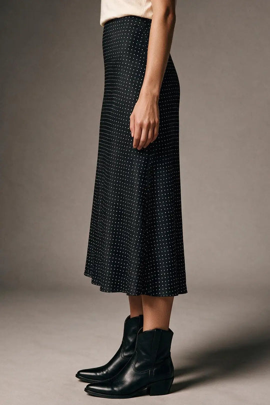 Black Polka-Dot Print Lightweight Woven A-Line Midi Skirt no waistband