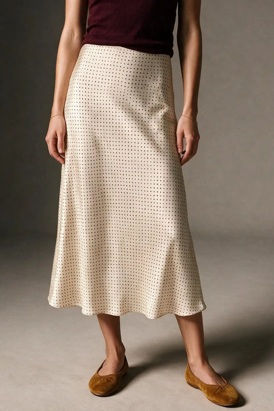 Beige Polka-Dot Print Satin Bias Cut Midi Skirt no waistband