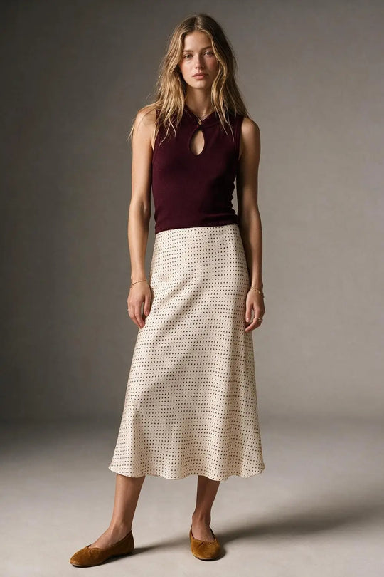 Beige Polka-Dot Print Satin Bias Cut Midi Skirt no waistband