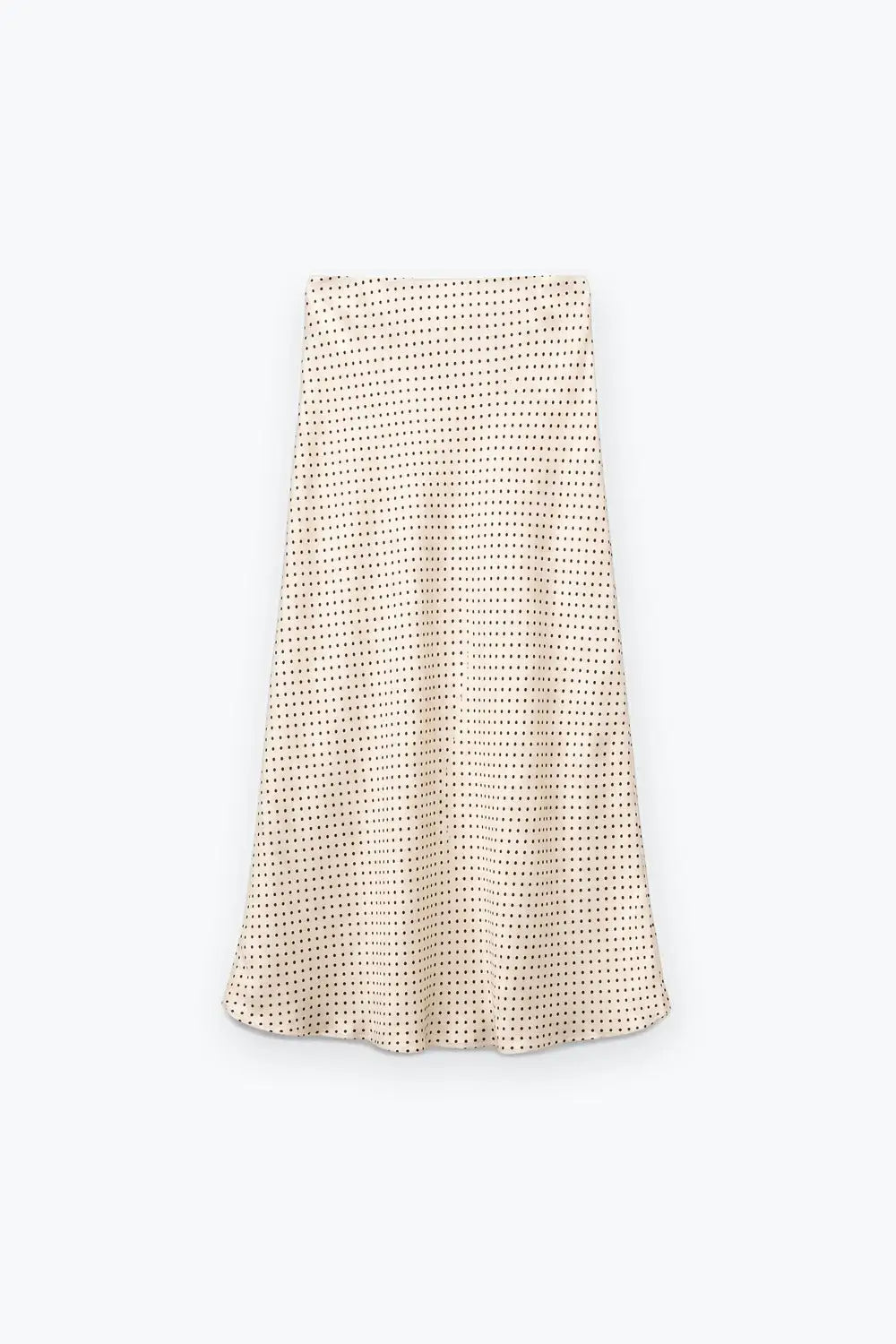 Beige Polka-Dot Print Satin Bias Cut Midi Skirt no waistband