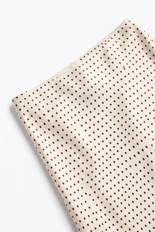 Beige Polka-Dot Print Satin Bias Cut Midi Skirt no waistband