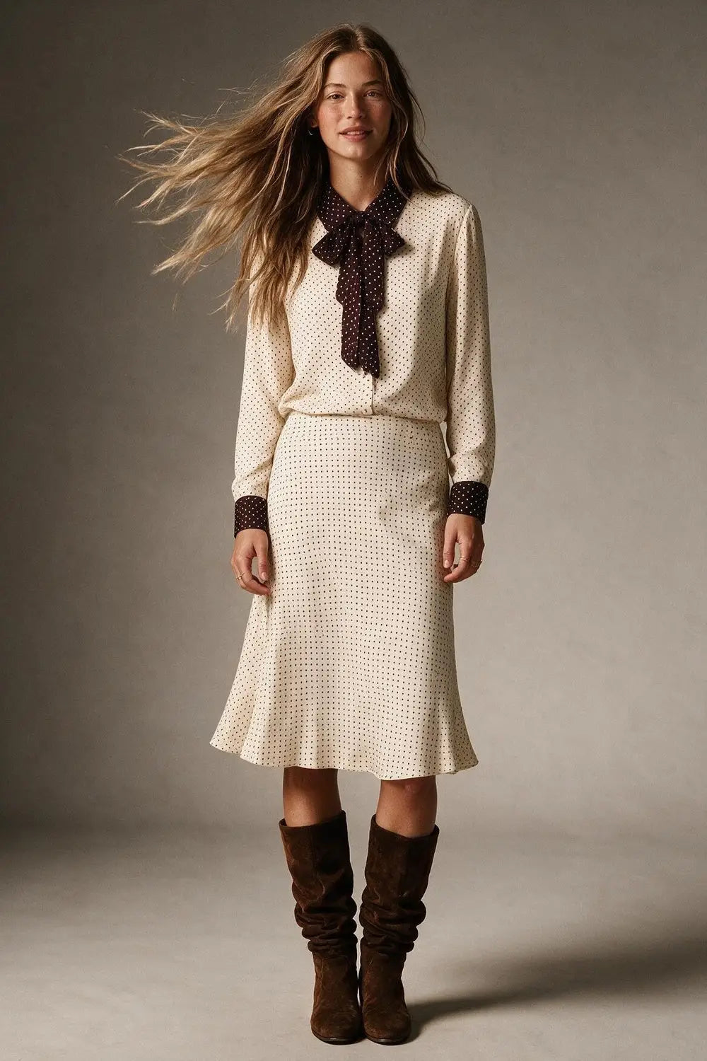 Cream Polka-Dot Print Long Sleeve Blouse with burgundy Contrast Bow Tie