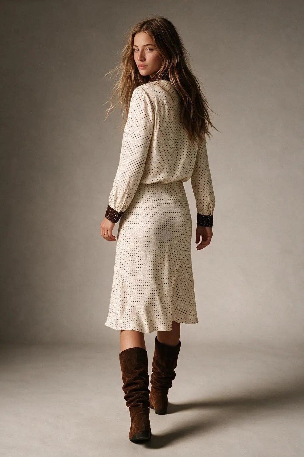 Cream Polka-Dot Print Long Sleeve Blouse with burgundy Contrast Bow Tie