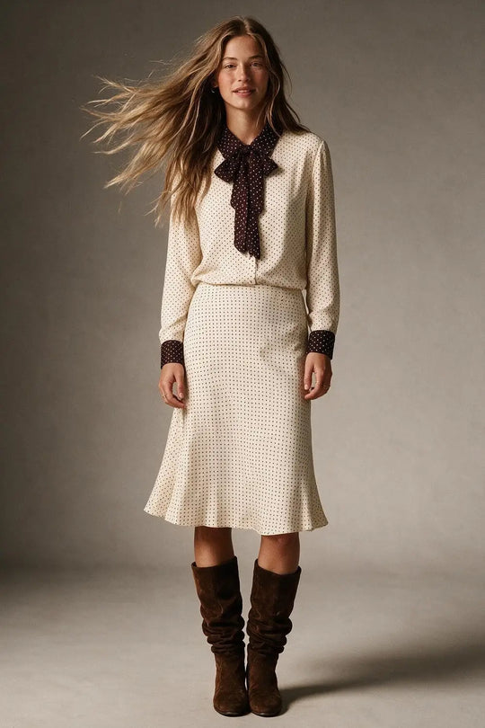 Beige Polka-Dot Print Satin Bias Cut Midi Skirt no waistband