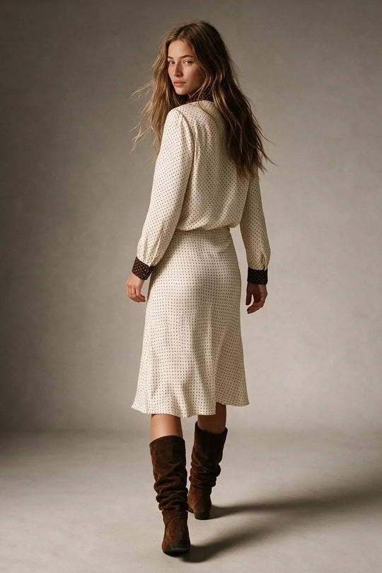 Beige Polka-Dot Print Satin Bias Cut Midi Skirt no waistband