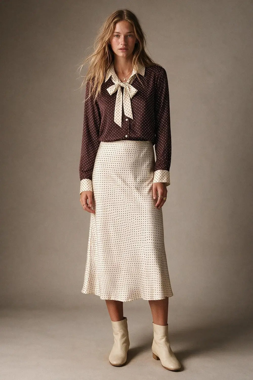 Beige Polka-Dot Print Satin Bias Cut Midi Skirt no waistband