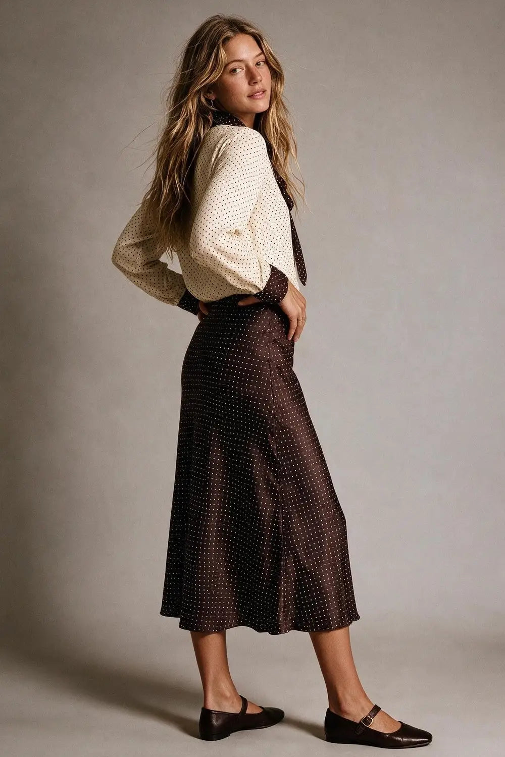 Burgundy Polka-Dot Print Lightweight satin Flared Midi Skirt no waistband