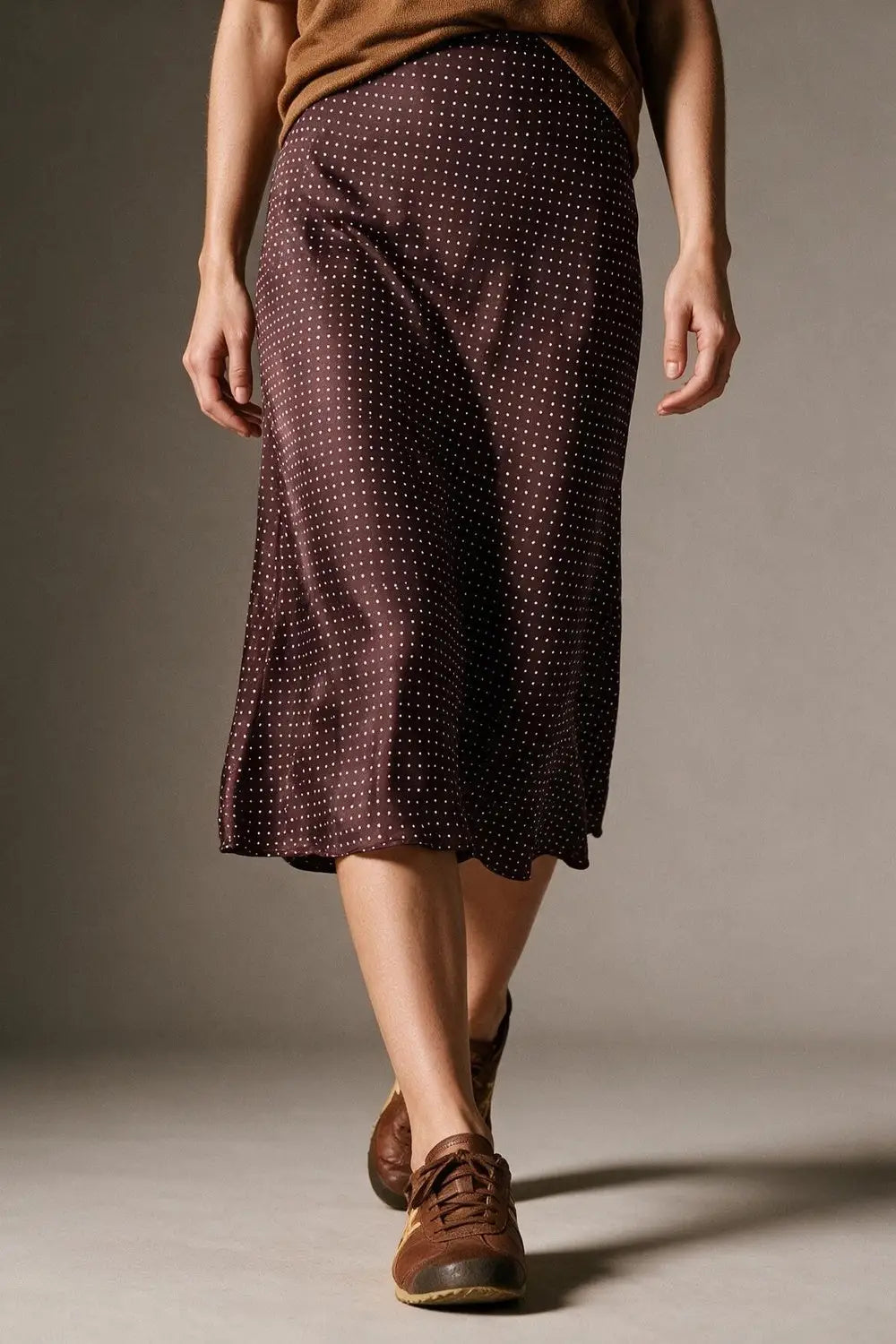 Burgundy Polka-Dot Print Lightweight satin Flared Midi Skirt no waistband