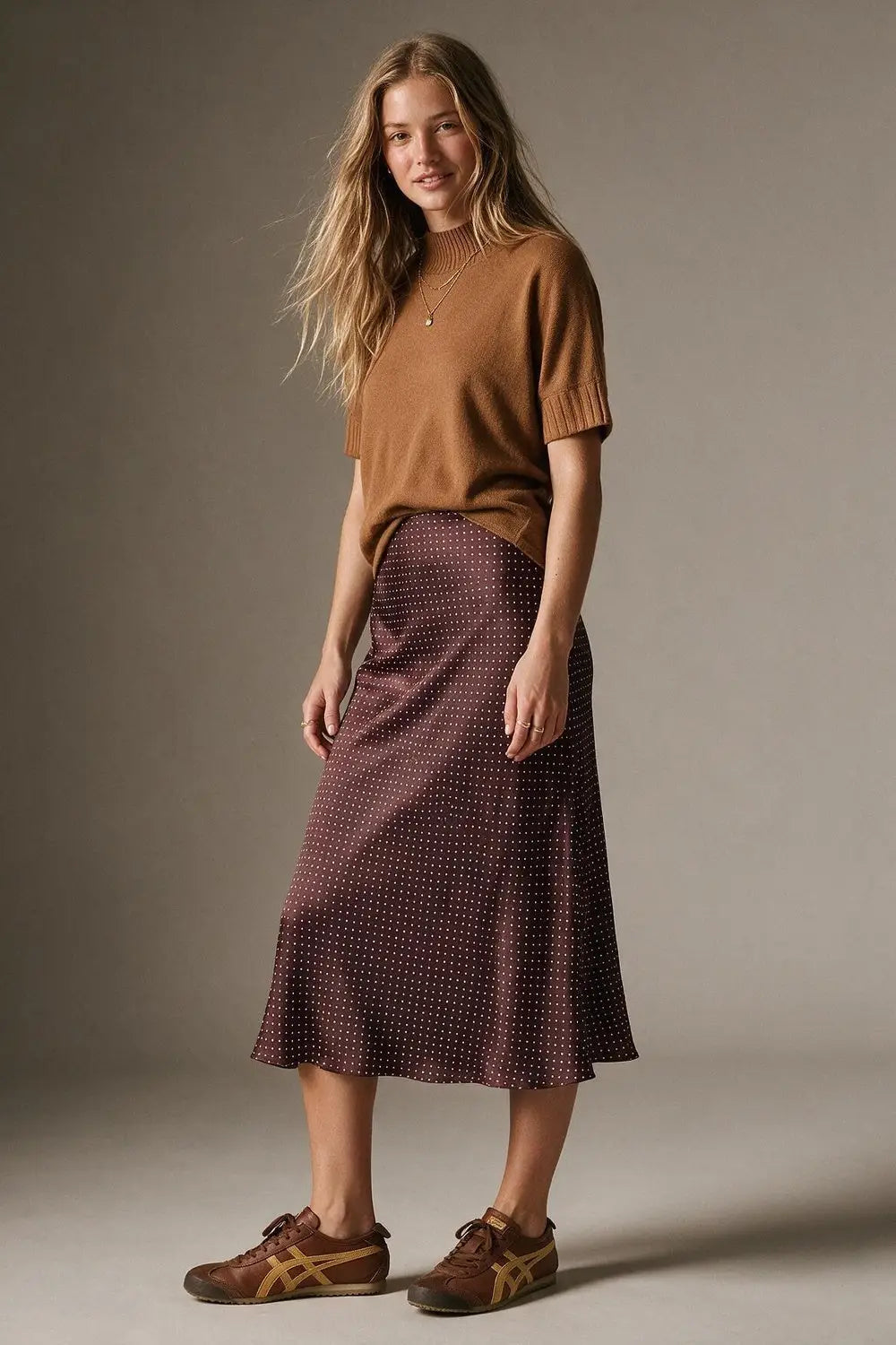 Burgundy Polka-Dot Print Lightweight satin Flared Midi Skirt no waistband