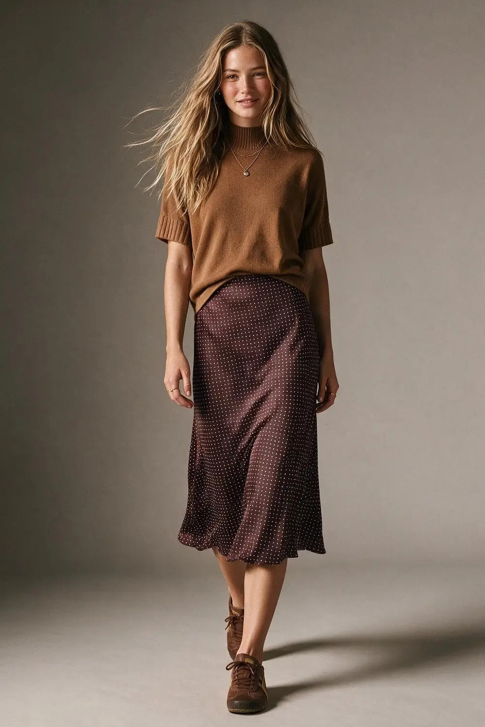 Burgundy Polka-Dot Print Lightweight satin Flared Midi Skirt no waistband