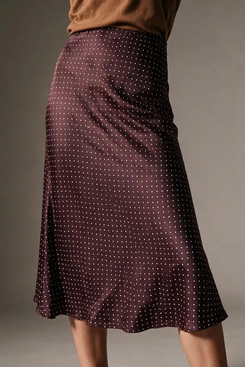 Burgundy Polka-Dot Print Lightweight satin Flared Midi Skirt no waistband
