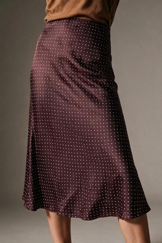 Burgundy Polka-Dot Print Lightweight satin Flared Midi Skirt no waistband