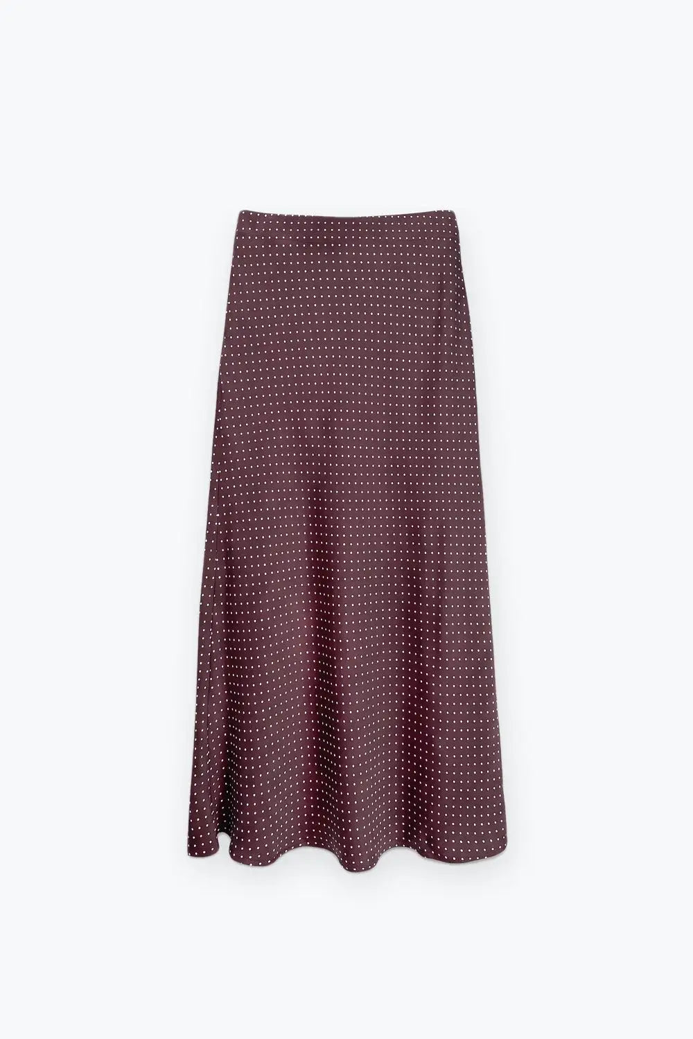 Burgundy Polka-Dot Print Lightweight satin Flared Midi Skirt no waistband