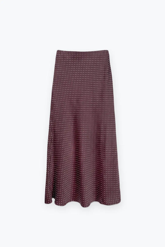 Burgundy Polka-Dot Print Lightweight satin Flared Midi Skirt no waistband
