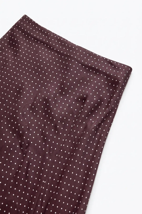 Burgundy Polka-Dot Print Lightweight satin Flared Midi Skirt no waistband