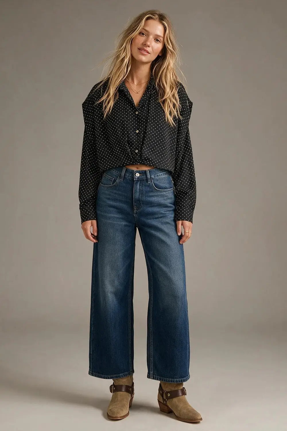 Black Polka-Dot Lightweight satin Cropped Button Shirt