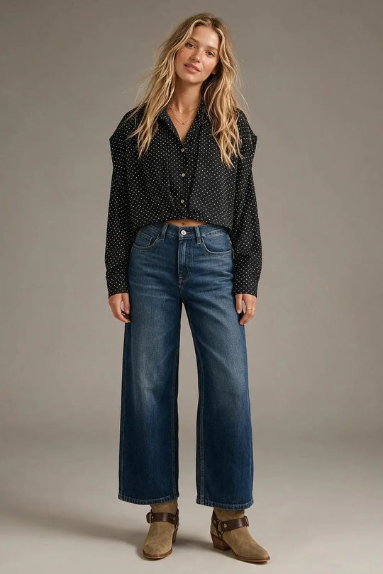 Black Polka-Dot Lightweight satin Cropped Button Shirt