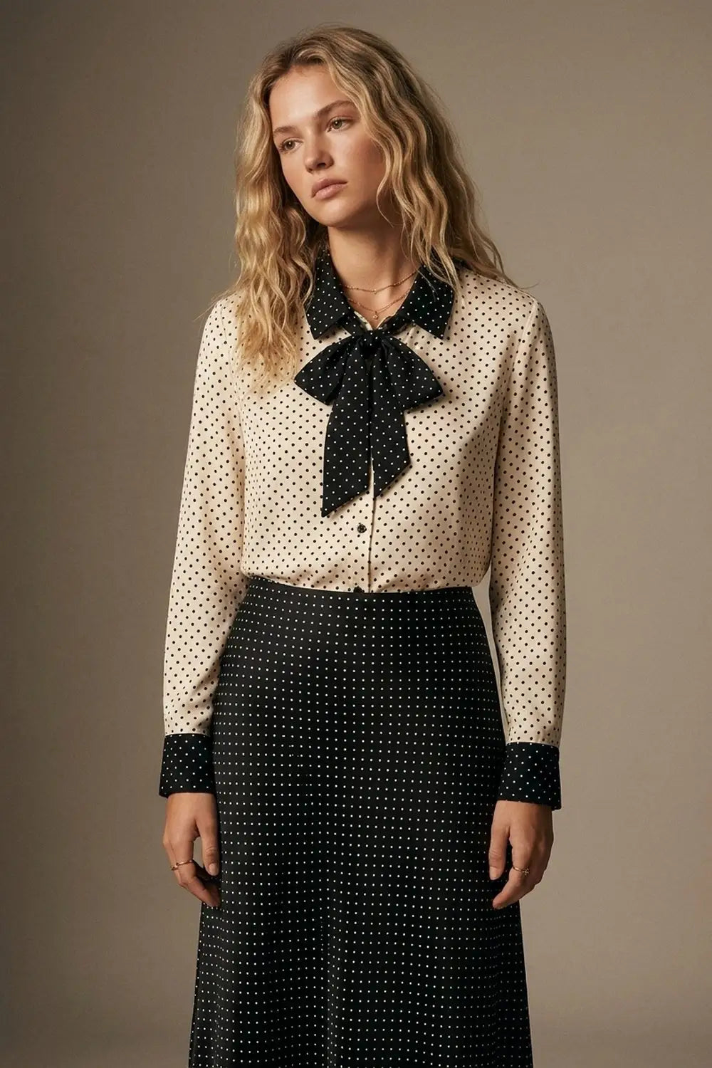 Cream Polka-Dot Lightweight satin black Contrast Tie Neck Blouse Shirt